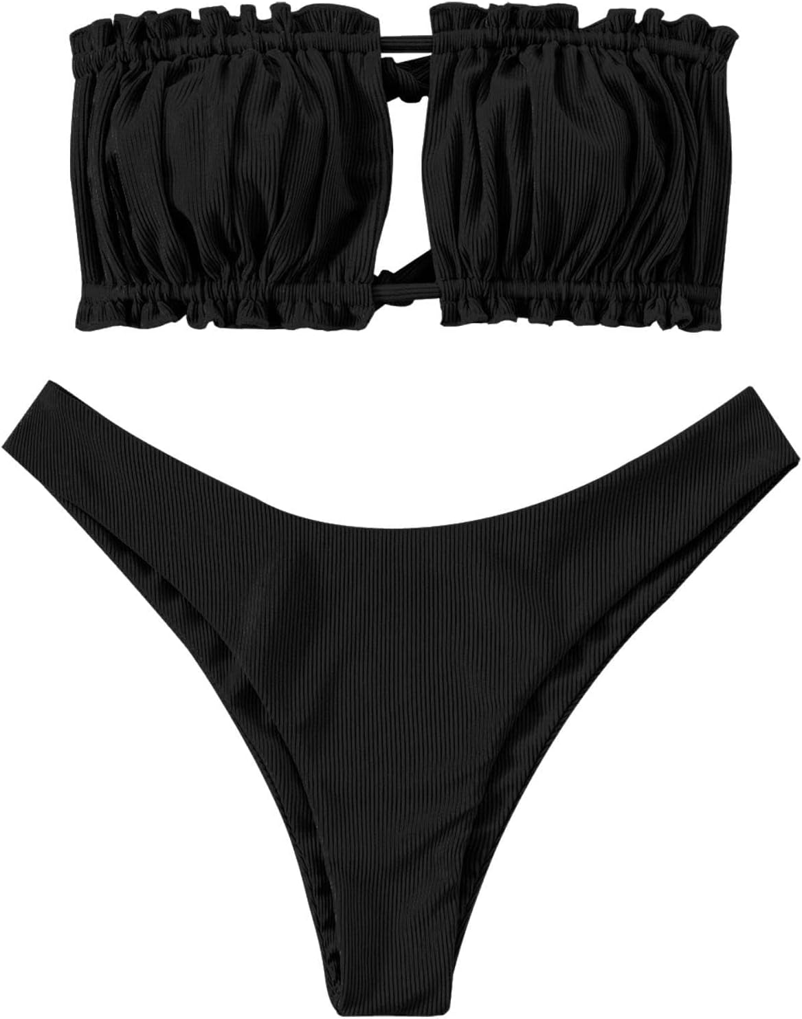 ZAFUL Women 2 Piece Strapless Bikini Swimsuits Ruffle Ribbed Self Tie Bandeau Bi...