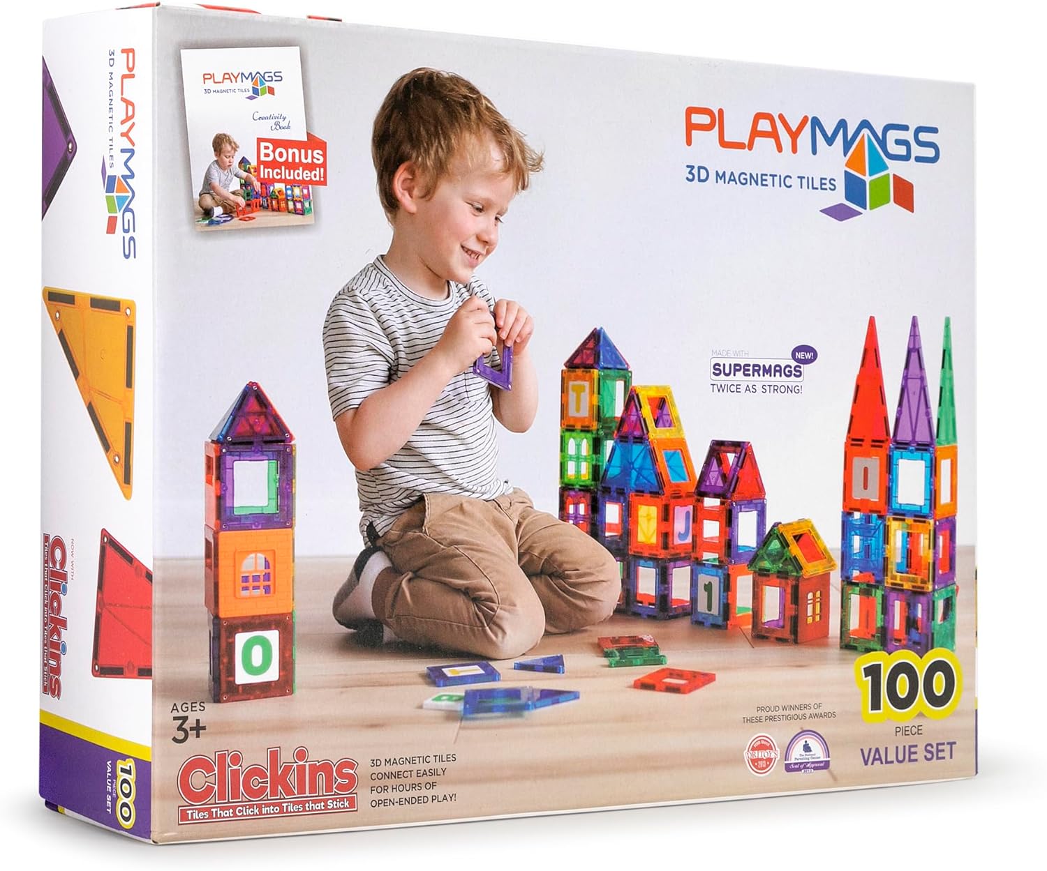 Playmags 100-Piece Magnetic Tiles Building Blocks Set, 3D Magnet Tiles for Kids...