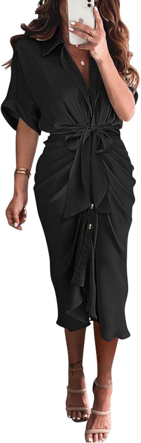 BTFBM 2025 Women Button Down Ruched Shirt Dresses Short Sleeve Lapel V Neck Eleg...