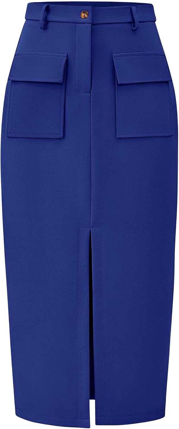 KIRUNDO Women High Waisted Cargo Midi Skirt Trendy Spring Summer Pencil Slit Dre...
