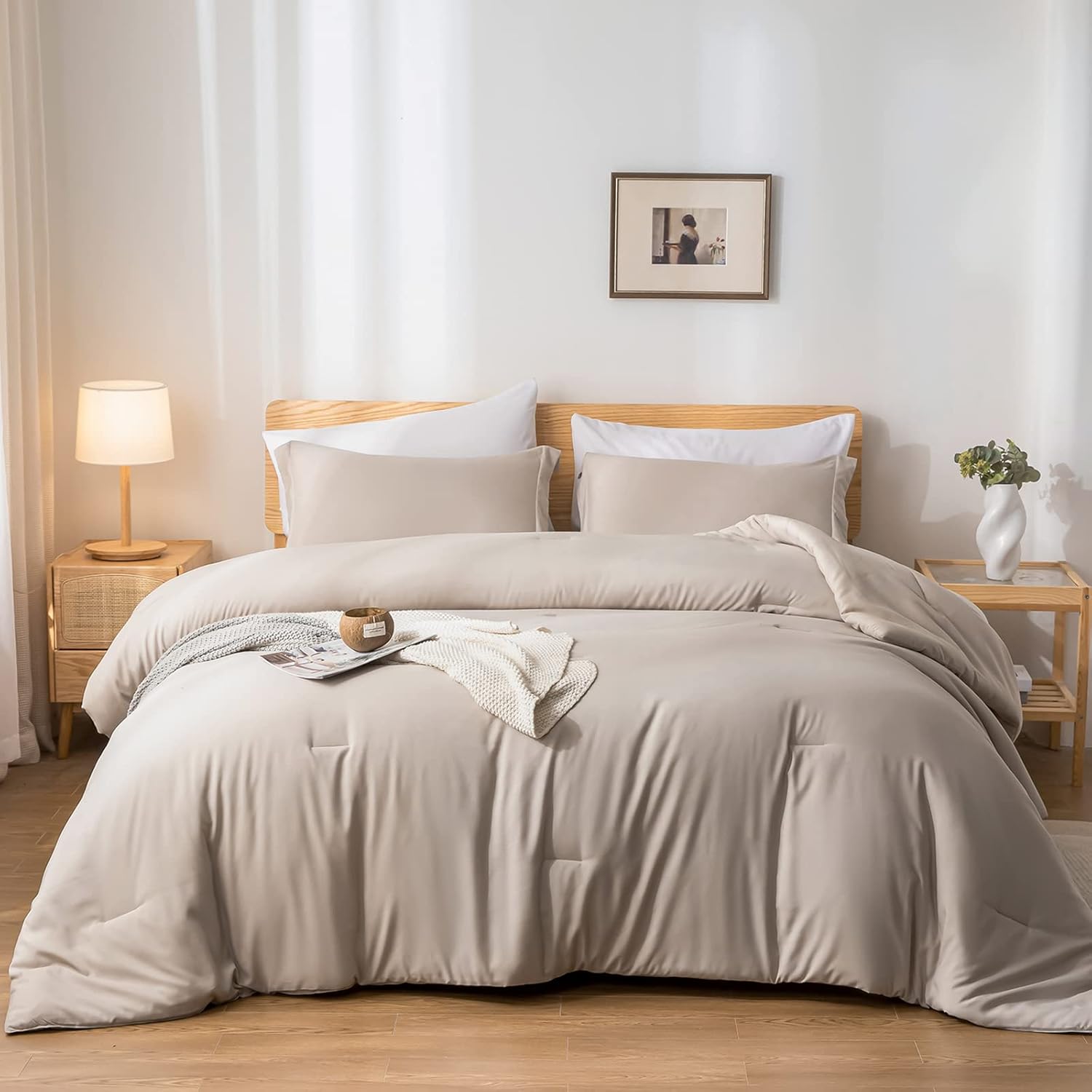weigelia King Size Comforter Set 7PC Oatmeal Bed Comforter Set Bed in a Bag Soli...