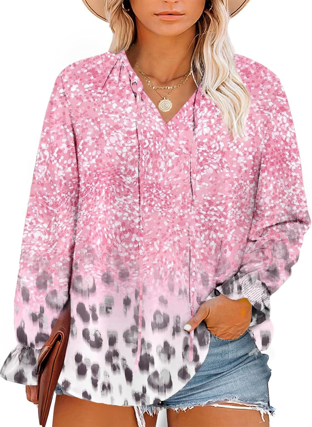 Eytino Plus Size Tops for Women Boho Floral Print V Neck Long Sleeve Drawstring...