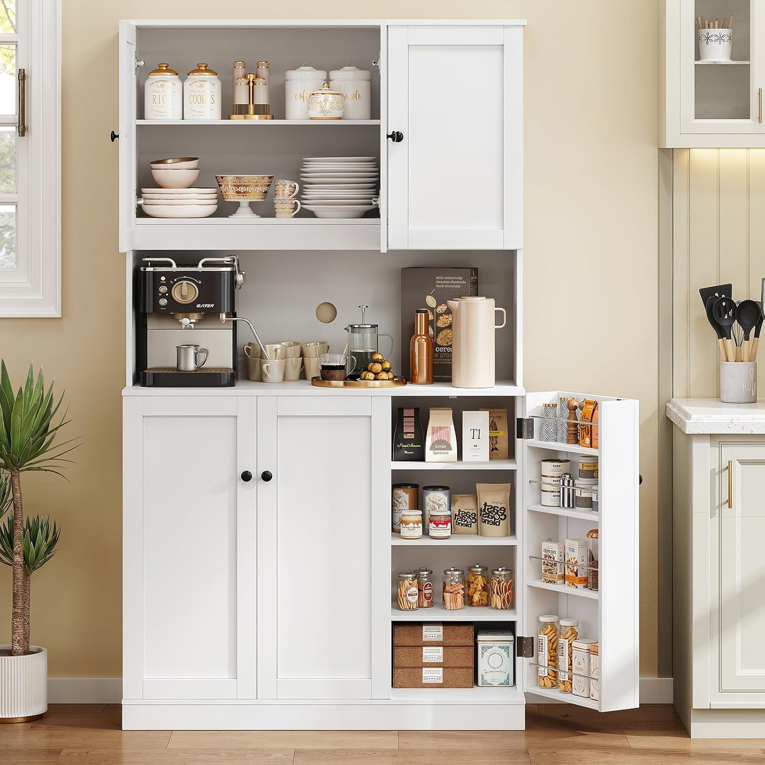 71" Tall Kitchen Pantry Storage Cabinet with Microwave Stand & Door Shelf, Frees...