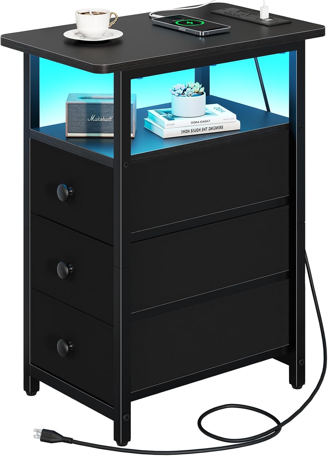 Yoobure End Table with Charging Station, LED Narrow Side Table Bedside Table, Sm...