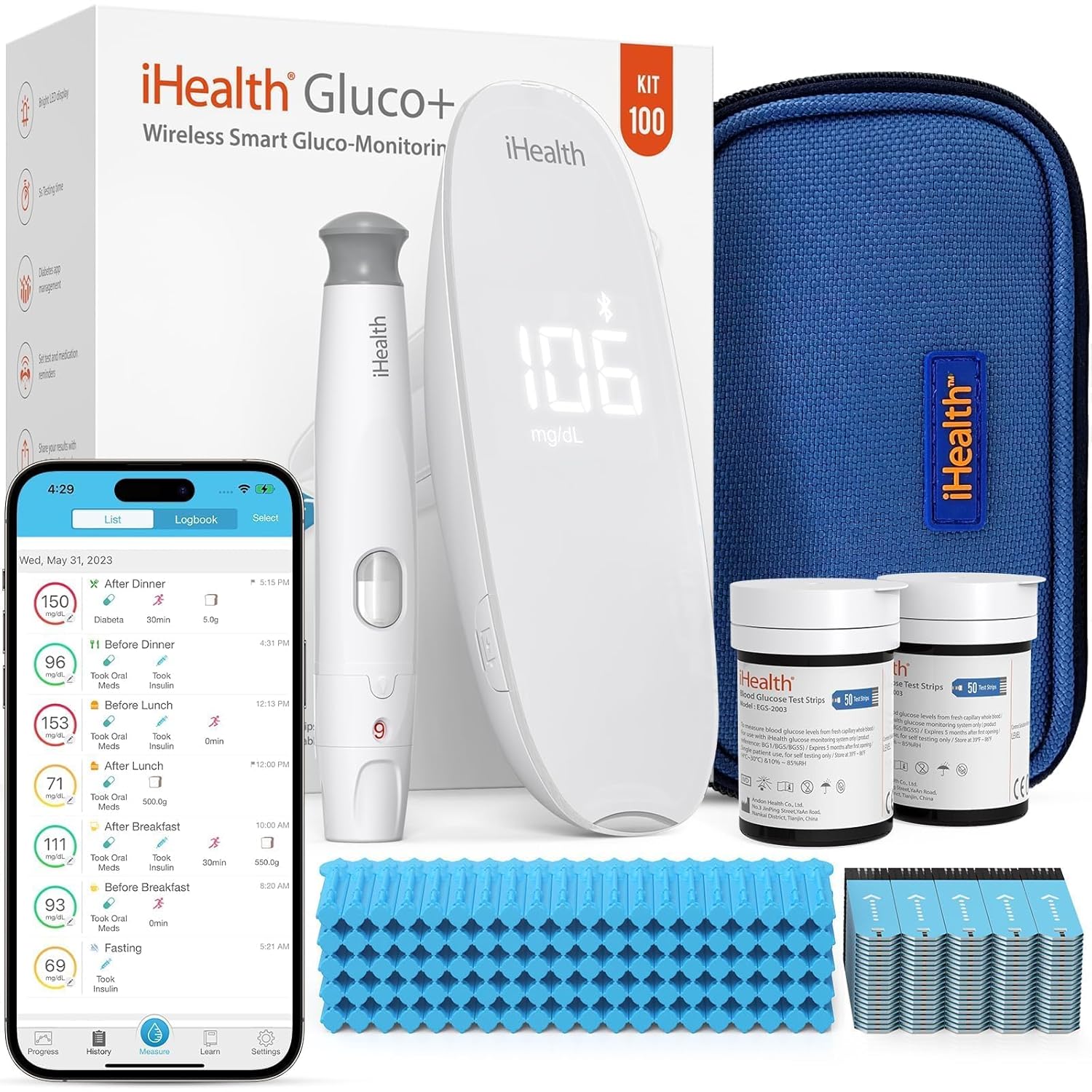 iHealth Gluco+ Wireless Smart Blood Glucose Monitor Kit with Free App, 100 Gluco...