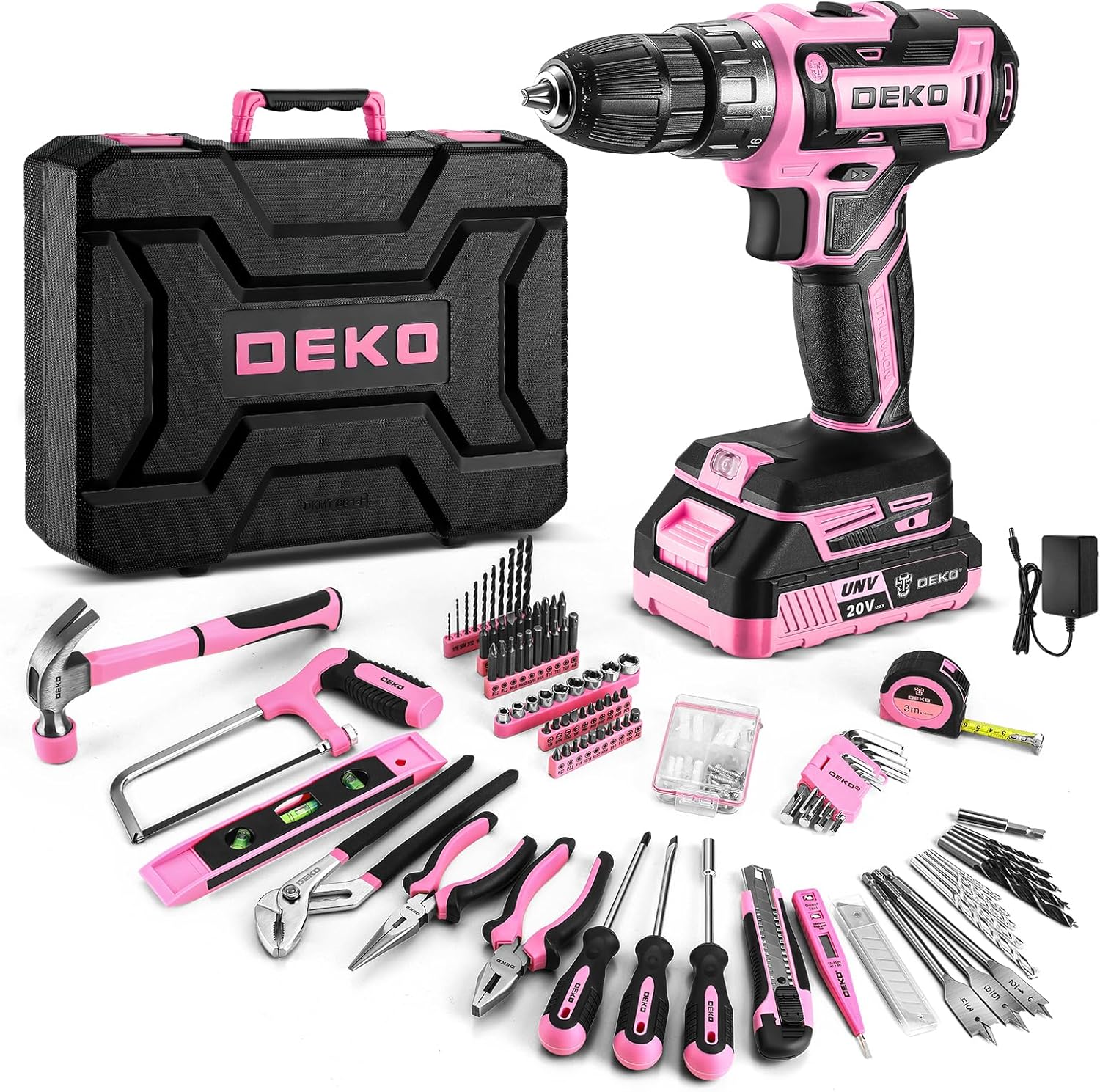Pink Drill Tool Kit Set: 20V Cordless Power Drill Tool Box with Battery Electric...