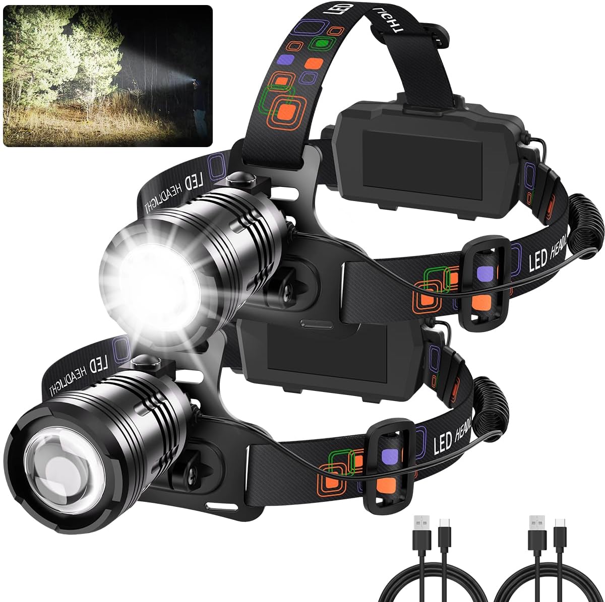 Headlamp Rechargeable 2Pack, 990000LM Super Bright Head Lamp, Adjustable Focus L...