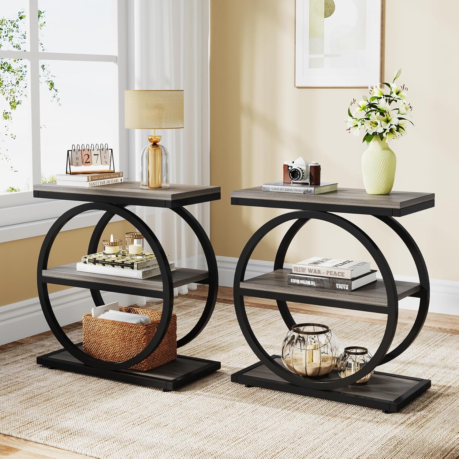 Tribesigns End Table Set of 2, Narrow End Table with 3 Storage Shelves, Wooden S...