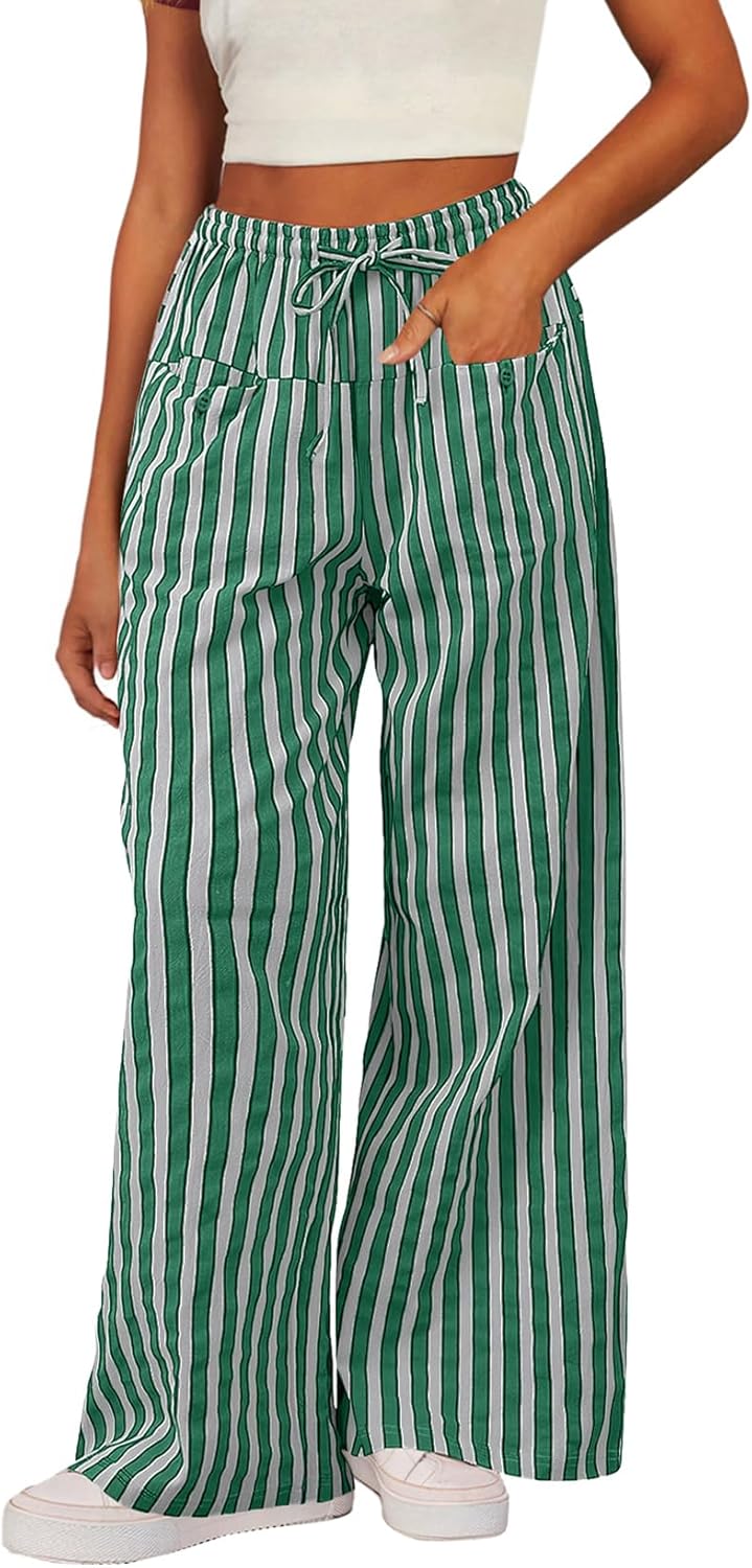 Acelitt Women Casual Drawstring Elastic Waist Loose Wide Leg Striped Pants with...