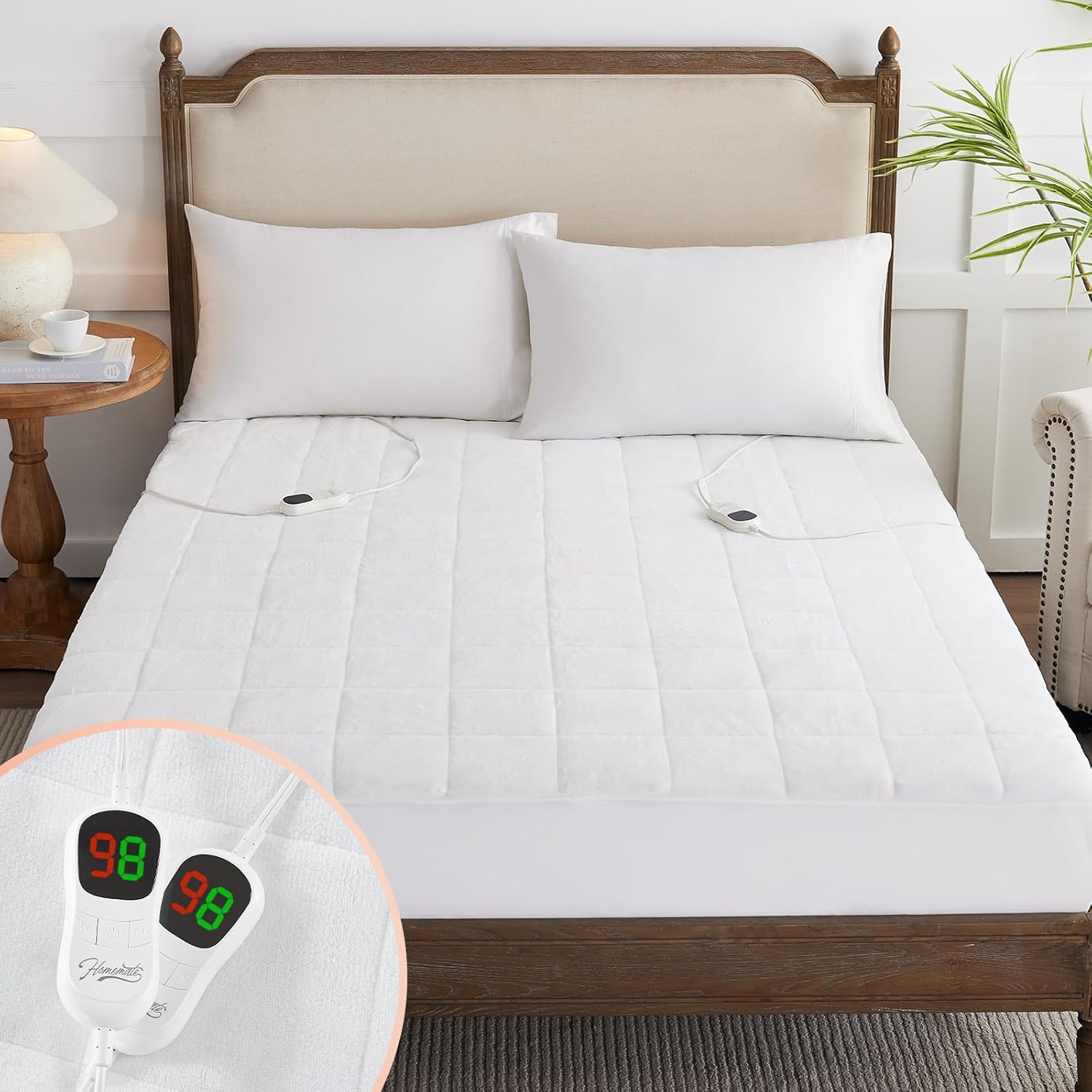 Homemate King Size Heated Mattress Pad, Coral Fleece, 5 Heated Settings, Dual Co...