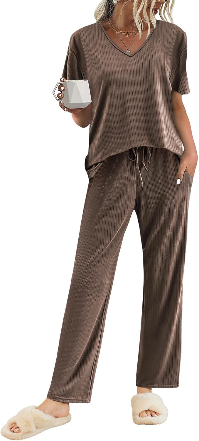 Ekouaer Womens Ribbed Knit Lounge Set Short Sleeve Top and Long Pants Sleepwear...