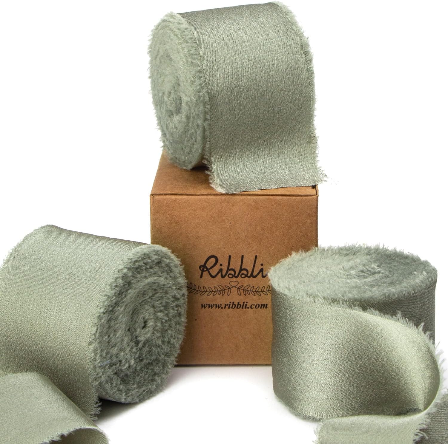 Ribbli Dusty Sage Green Silk Satin Ribbon 1.5 Inch x 30 Yard Handmade Frayed Chi...