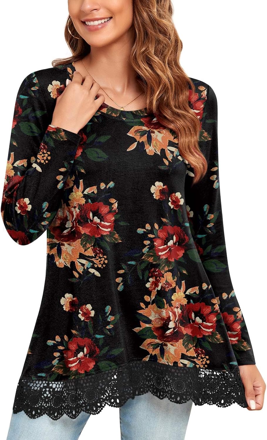 Bestbee Women's Fall Long Sleeve Tops Lace Hem Tunic Crew Neck Loose Fit Blouse...
