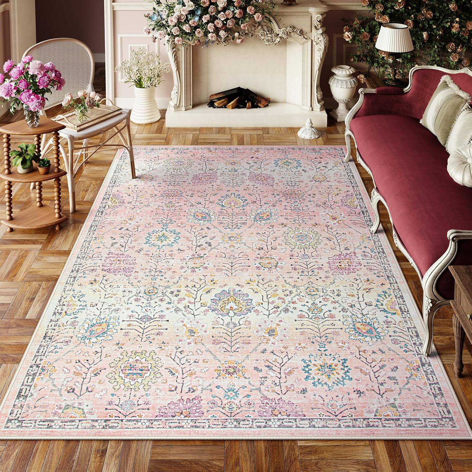 Lahome Light Pink Boho Rug, 6x9 Washable Rugs for Bedroom Girls, Soft Floral Kid...