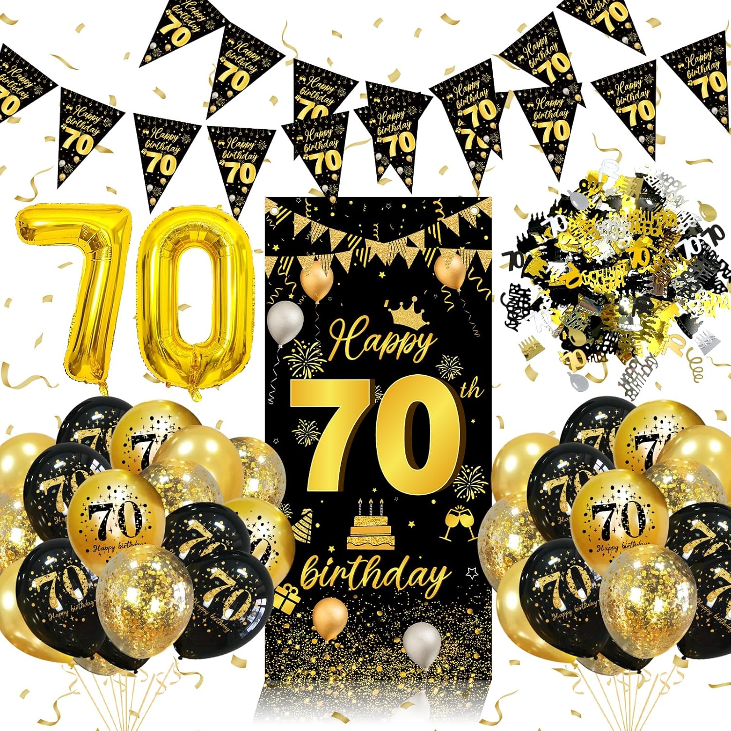 70th Birthday Decorations for Men, Black Gold 70th Birthday Decorations for Wome...