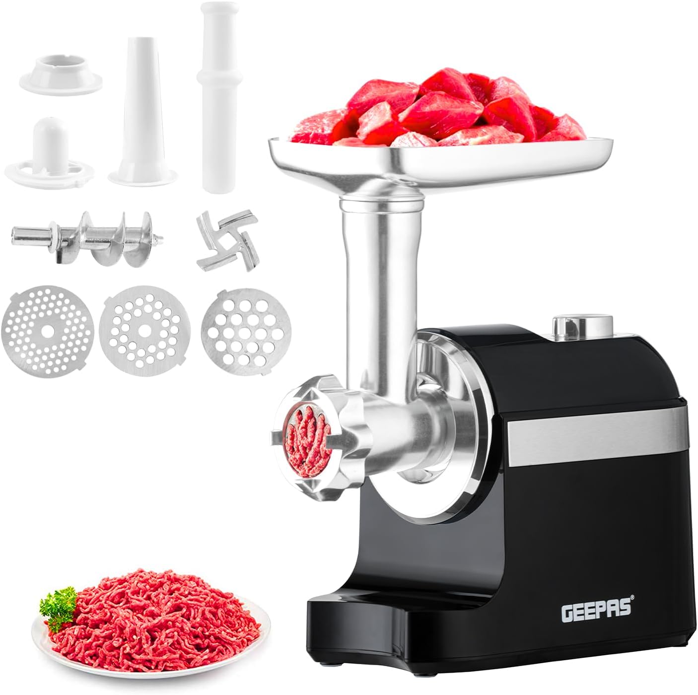 Geepas Electric Meat Grinder | Stainless Steel Meat Mincer & Sausage Stuffer, Fo...