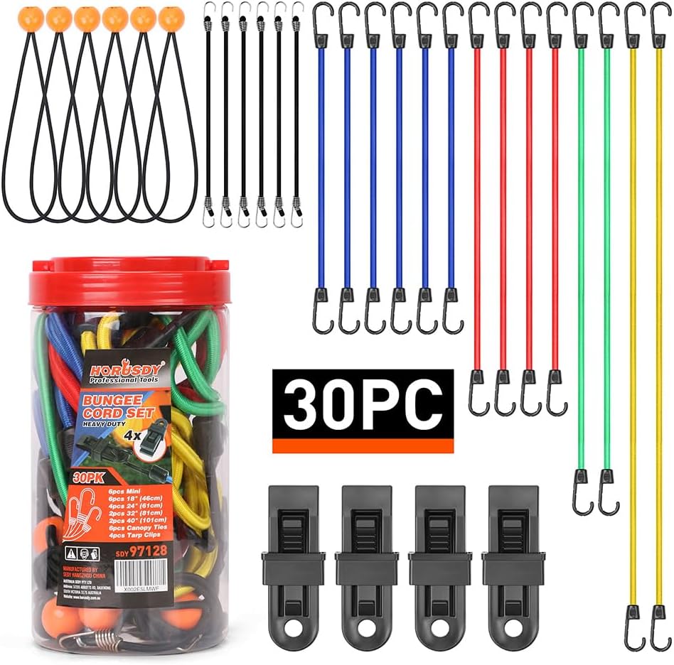 HORUSDY Bungee Cords with Hooks | 30-Piece | Includes 10”, 18”, 24”, 32”, 40” Bu...