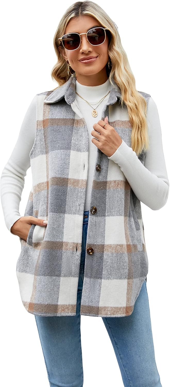 UANEO Womens Fall Flannel Plaid Vest Button Down Sleeveless Shirt Jacket With Po...