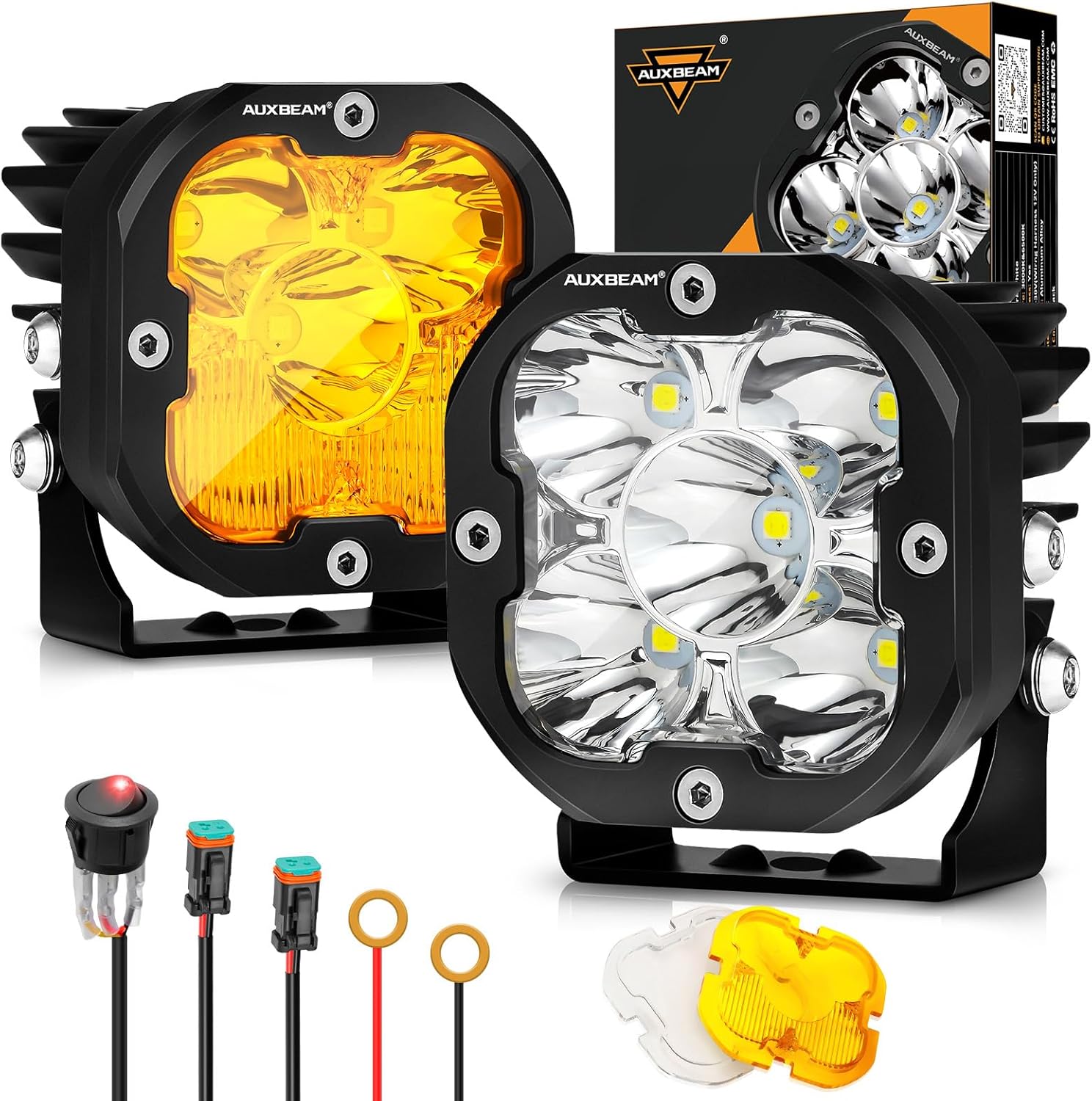 Auxbeam 3" 80W LED Pods Cube with Amber Covers, XP-Ultra Series 9600LM Yellow Fo...