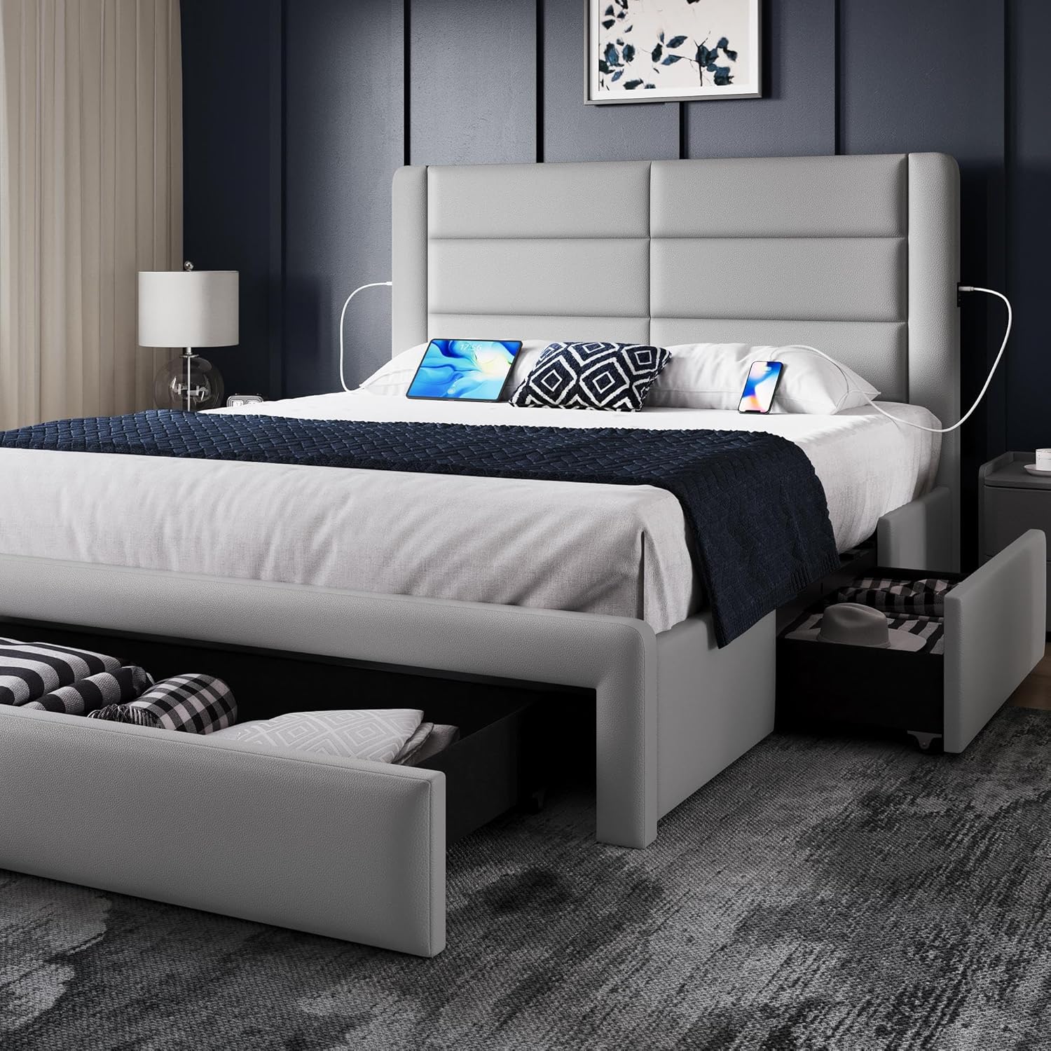 Yaheetech Queen Size Bed Frame with 2 USB Charging Station/Port for Type A&C/3 S...