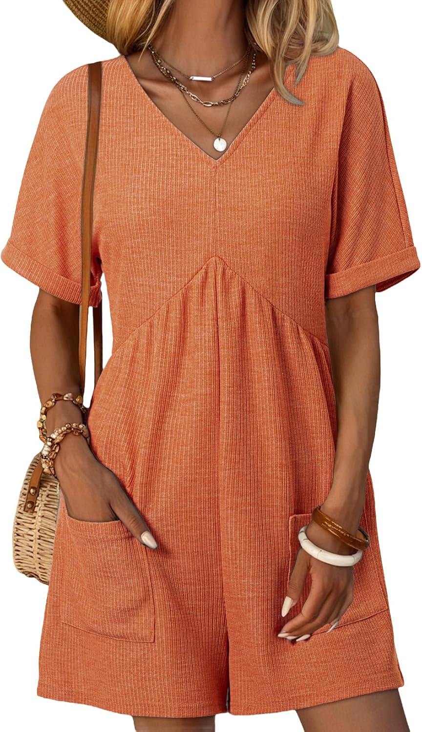 AlvaQ Rompers for Women Solid Color Casual Short Sleeve V Neck Zipper Short Jump...