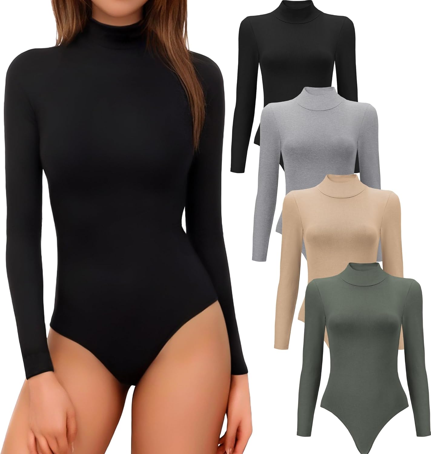 4/5 Pack Long Sleeve Bodysuit for Women Mock Turtleneck Casual Basic Stretchy Bo...