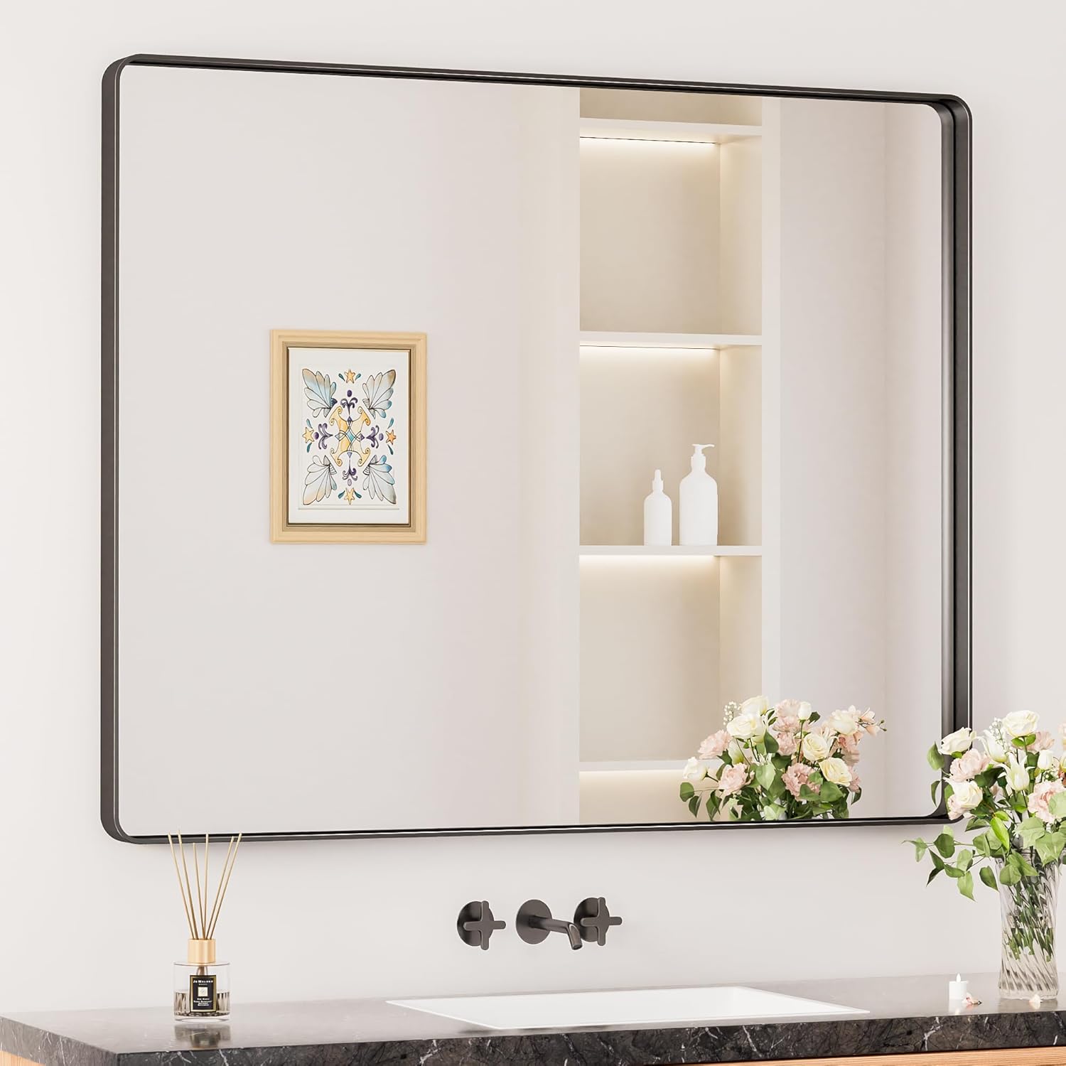 Keonjinn Black Bathroom Mirrors for Over Sink, 42 x 36 Inch Large Rounded Rectan...