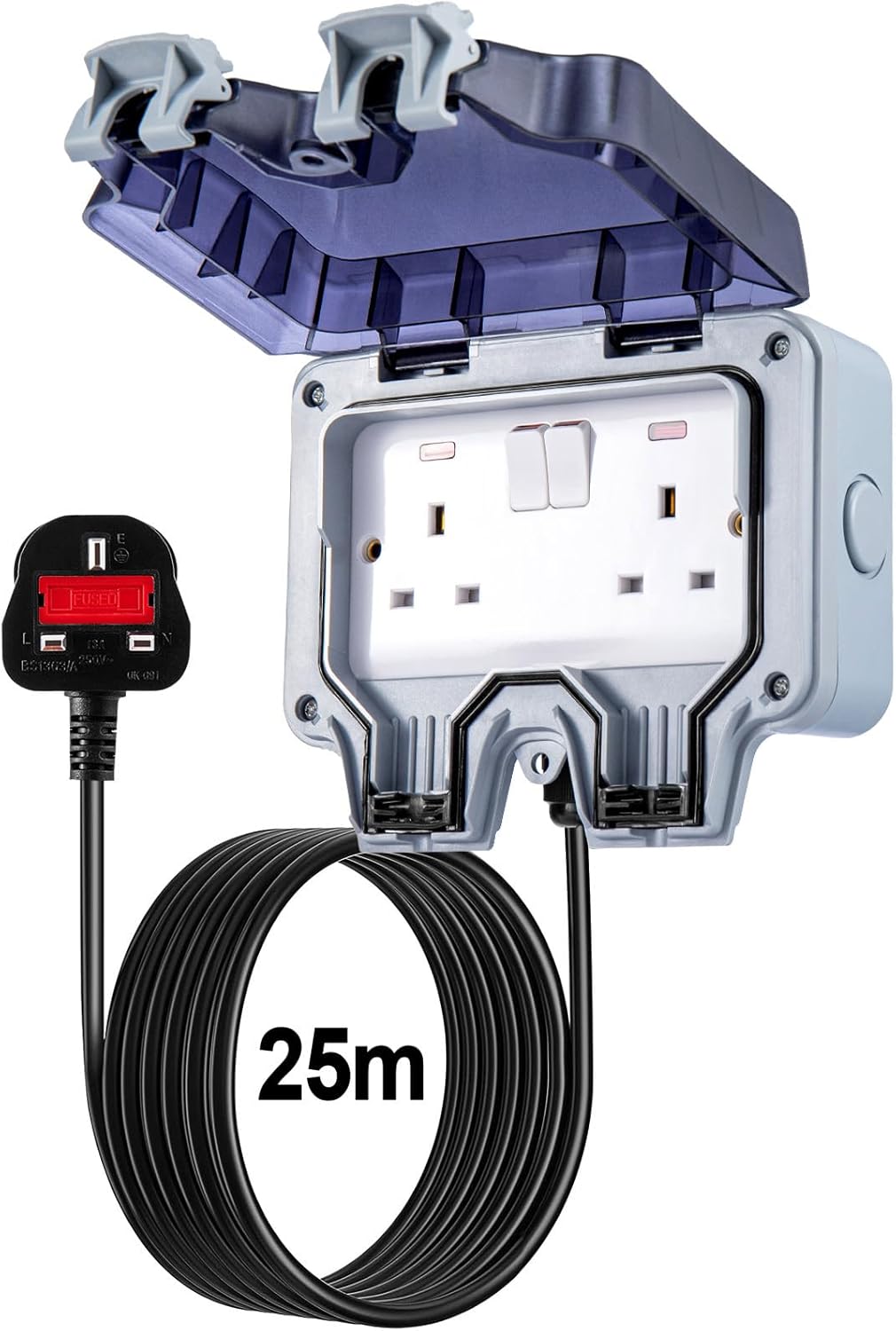 Youyijia 25M 2 Gang IP66 Outdoor Waterproof Socket with Extension Lead 13Amp Dou...