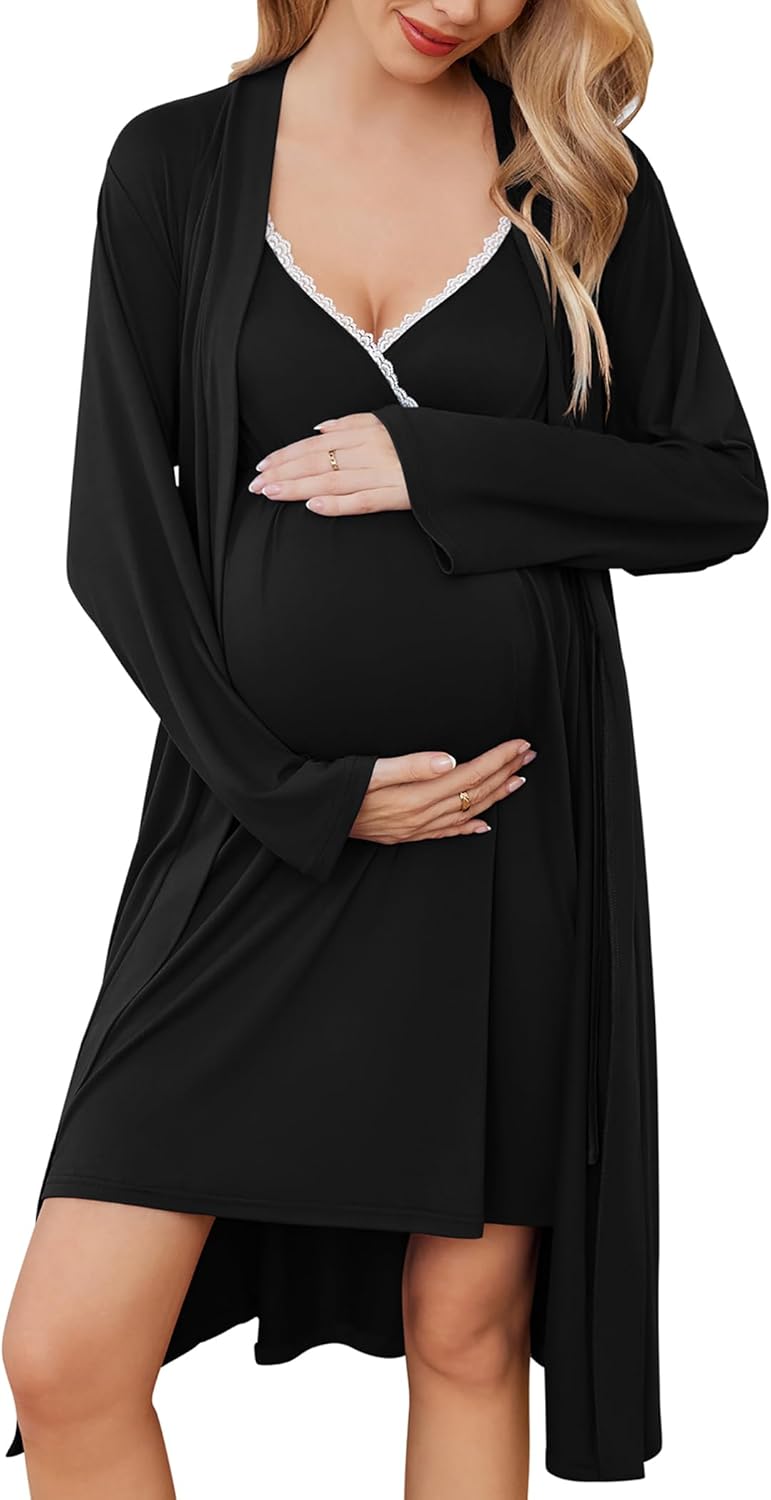 Ekouaer Womens Maternity Nursing Gown and Robe Set Labor Delivery Nuring Nightgo...