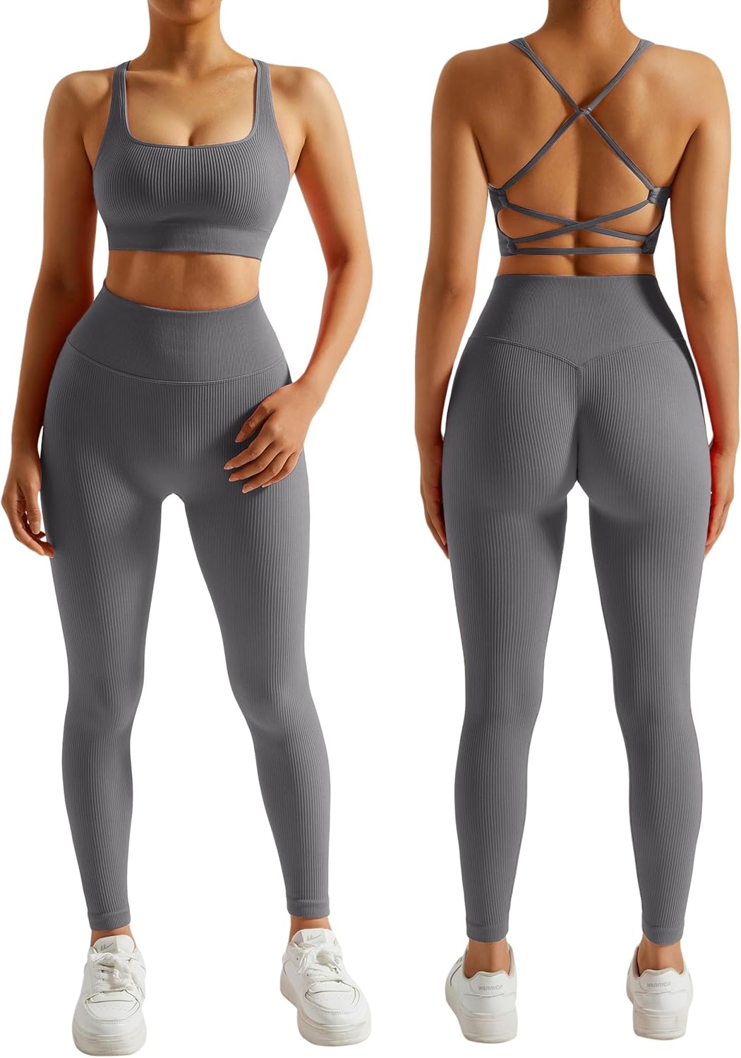 RXRXCOCO Ribbed Workout Sets for Women 2 Piece Backless Strappy Sports Bra Seaml...