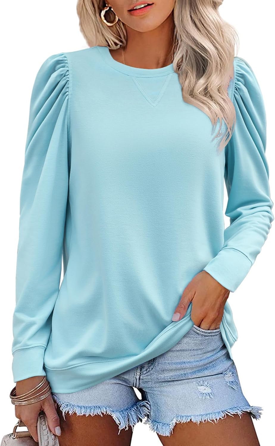 Zeagoo Womens Tops Puff Long Sleeve Shirts 2024 Fall Winter Casual Crew Neck Pul...