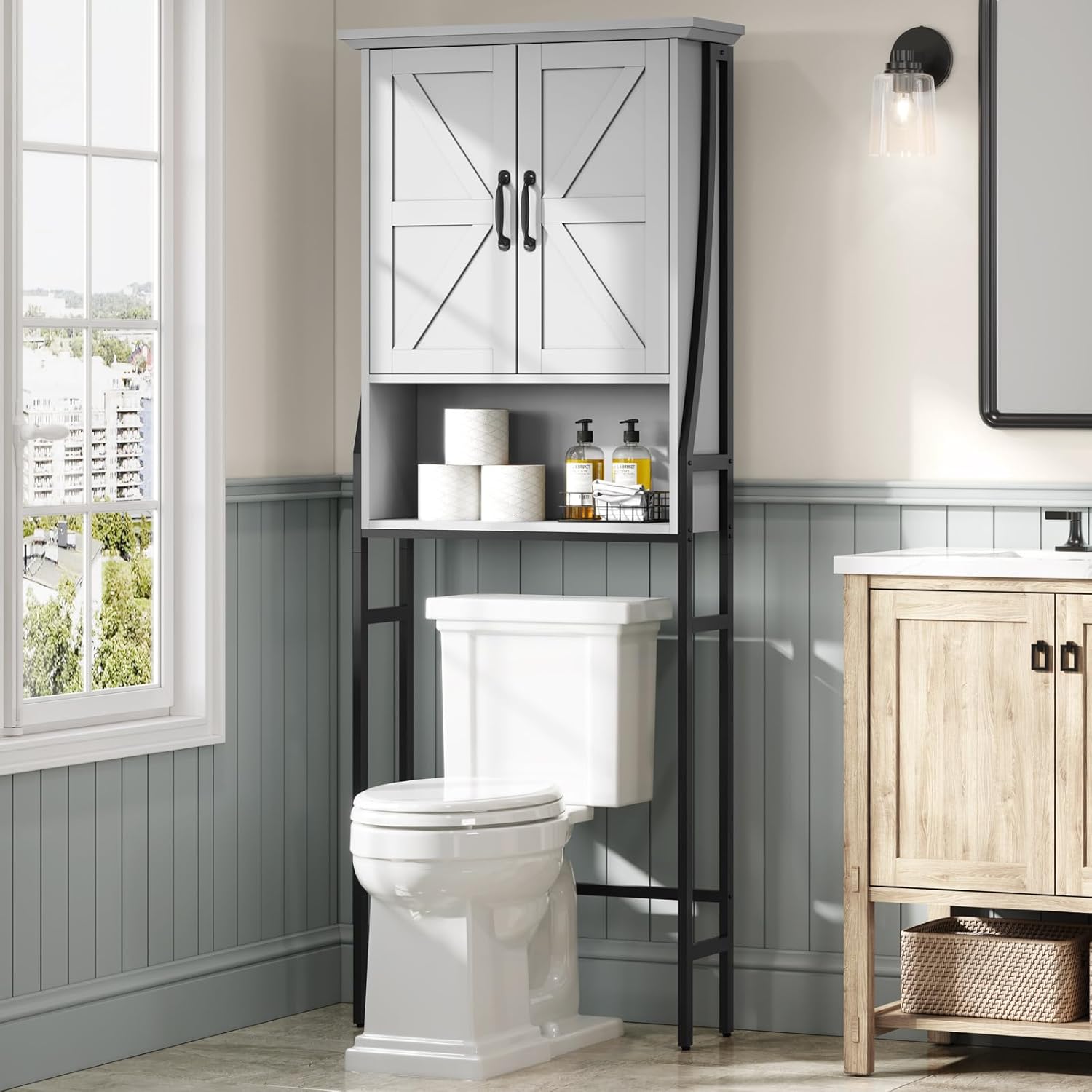 Over The Toilet Storage Cabinet, Over Toilet Bathroom Organizer with Barn Doors...