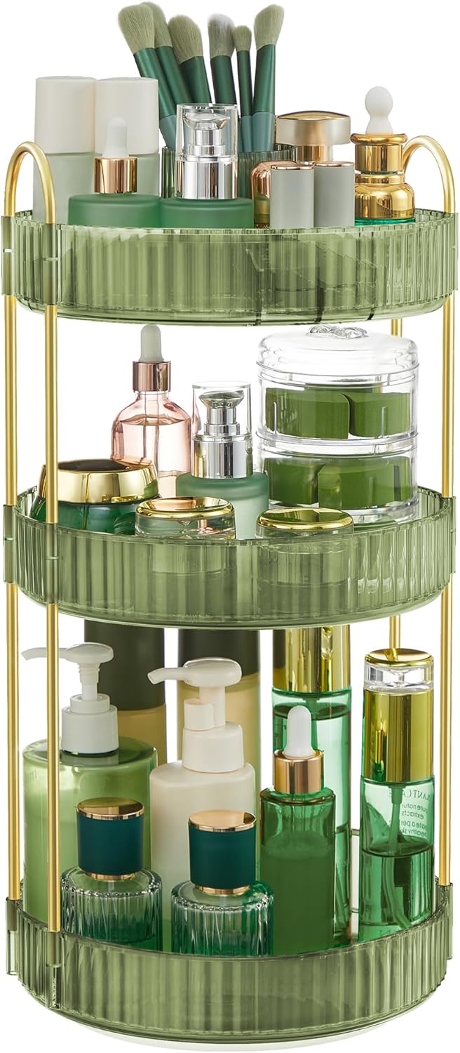 SONGMICS Makeup Organiser Rotating, 3-Tier Round Skincare Organiser, Customisabl...
