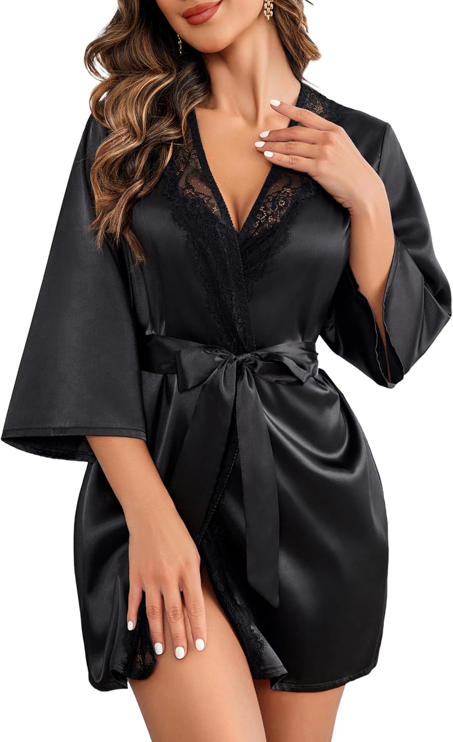 Avidlove Women's Kimono Robe Short Satin Pure Short Silky Robes Large Black