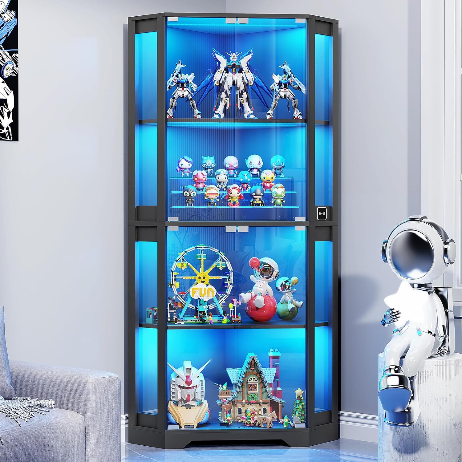 Corner Display Cabinet with Glass Doors, 65" Lighted Curio Cabinet with 3 Color...