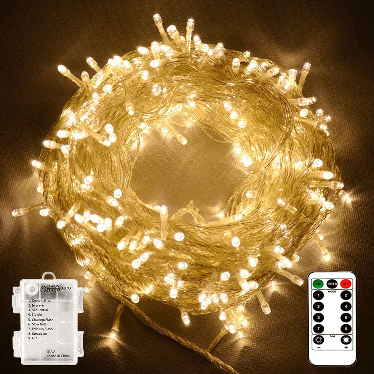 echosari String Lights Battery Powered, 10M 100 LED Warm White Outdoor Fairy Str...
