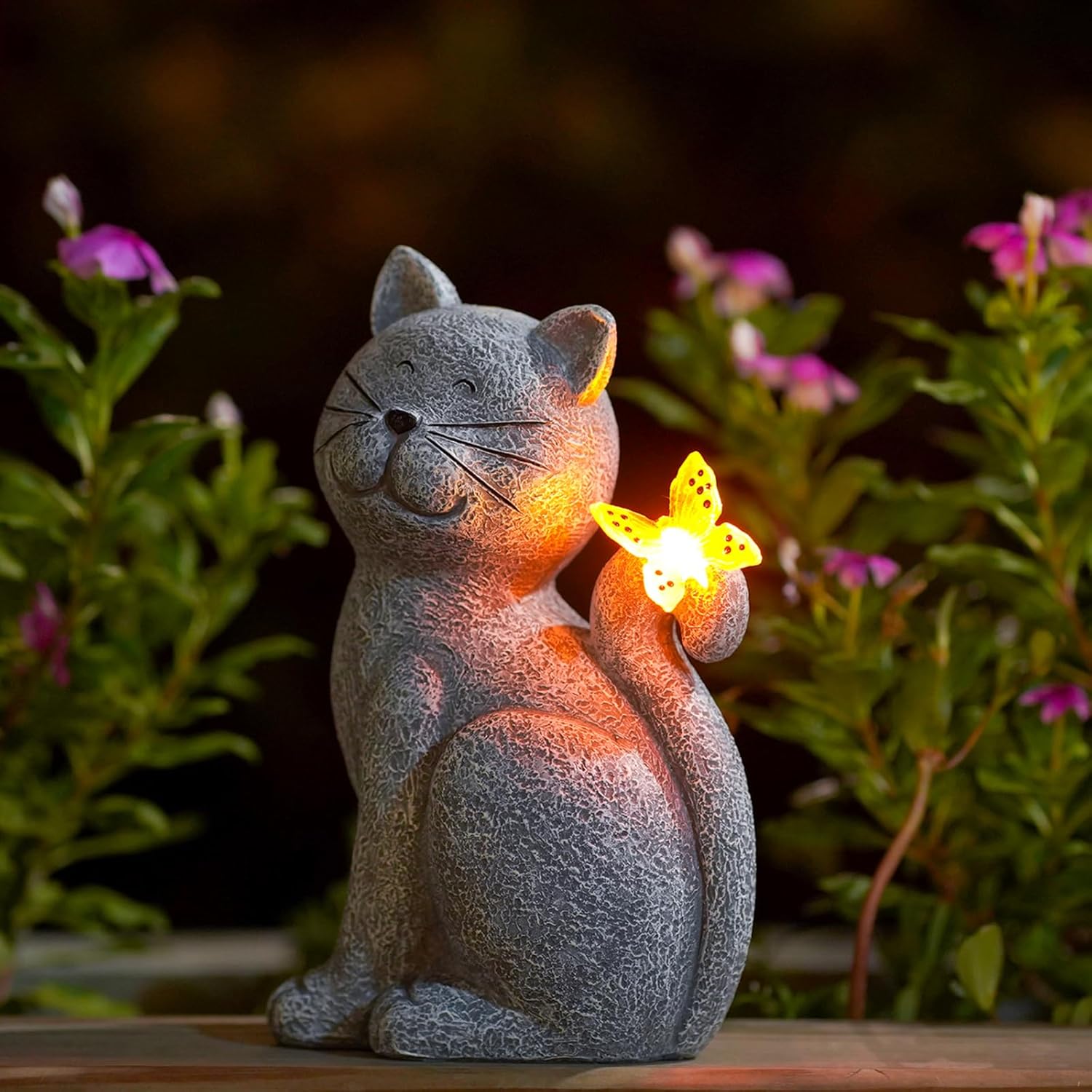Nacome Solar Cat Outdoor Statues for Garden: Outside Decor with Butterfly Cleara...