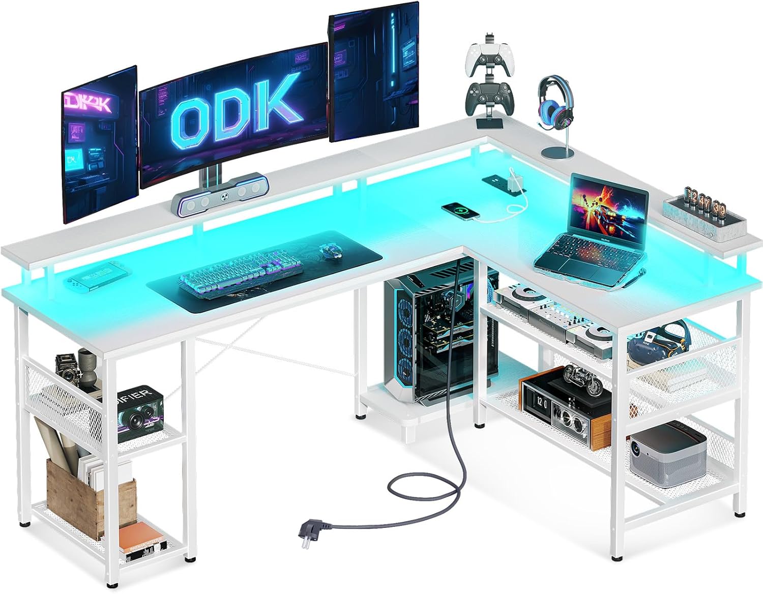 ODK L Shaped Gaming Desk with Power Outlet and LED Lights, PC Gaming Table with...
