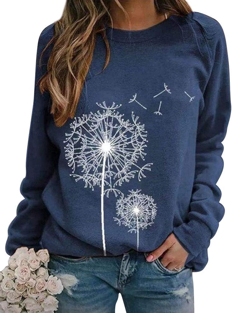 Dresswel Women Dandelion Print Sweatshirt Crew Neck Long Sleeve Tops Basic Jumpe...