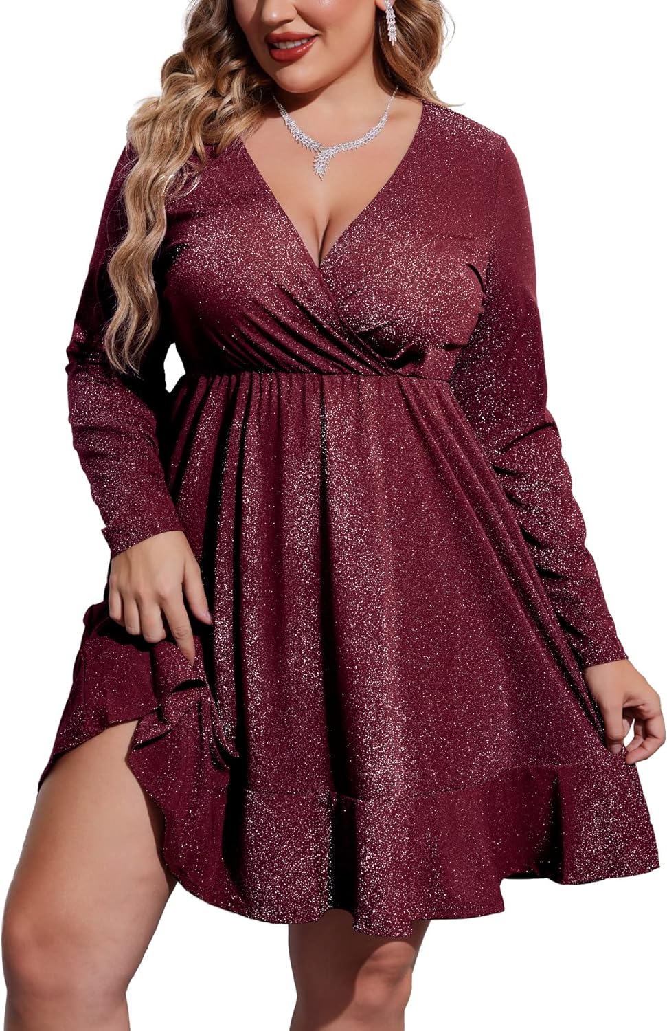 IN'VOLAND Plus Size Womens Glitter Dress V Neck Long Sleeve Ruffle Hem Swing Clu...