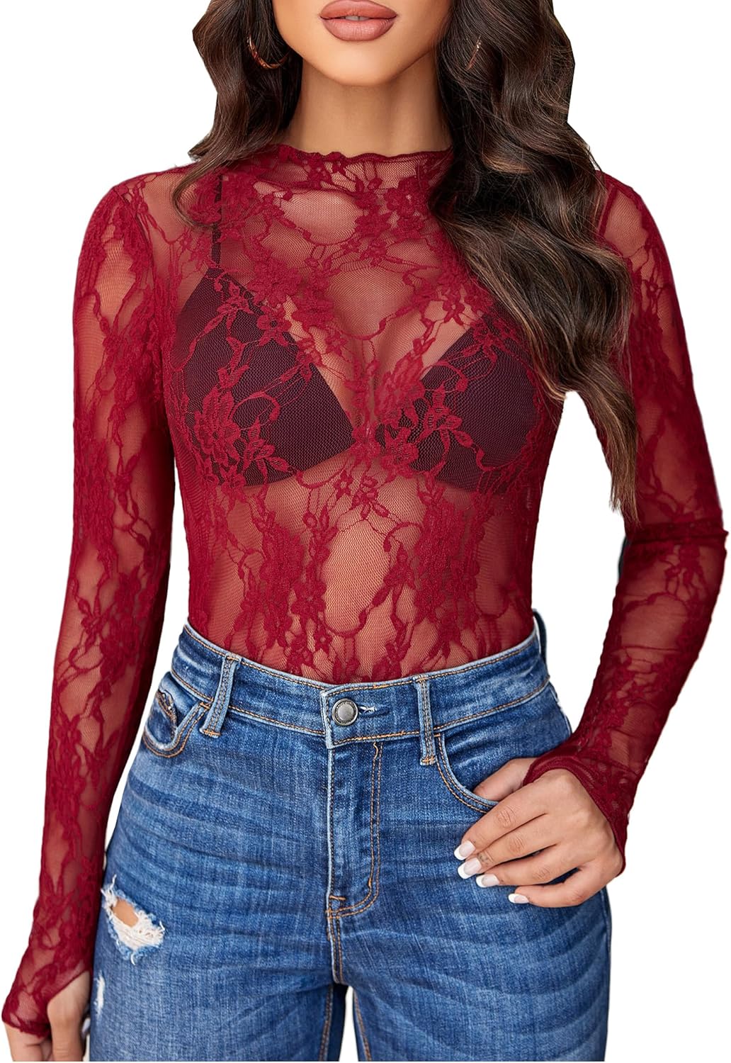 Avidlove Women's Mesh Top Long Sleeve Mock Neck Sheer Blouse See Through Floral...