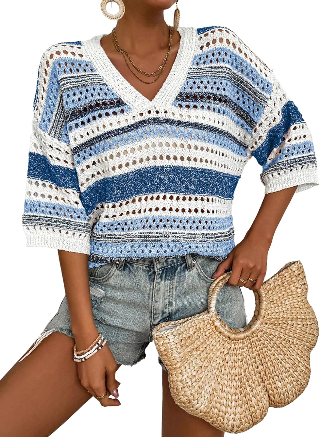 Acelitt Womens Short Sleeve Crochet Knit Sweater Hollow Out Striped Tops Beach V...