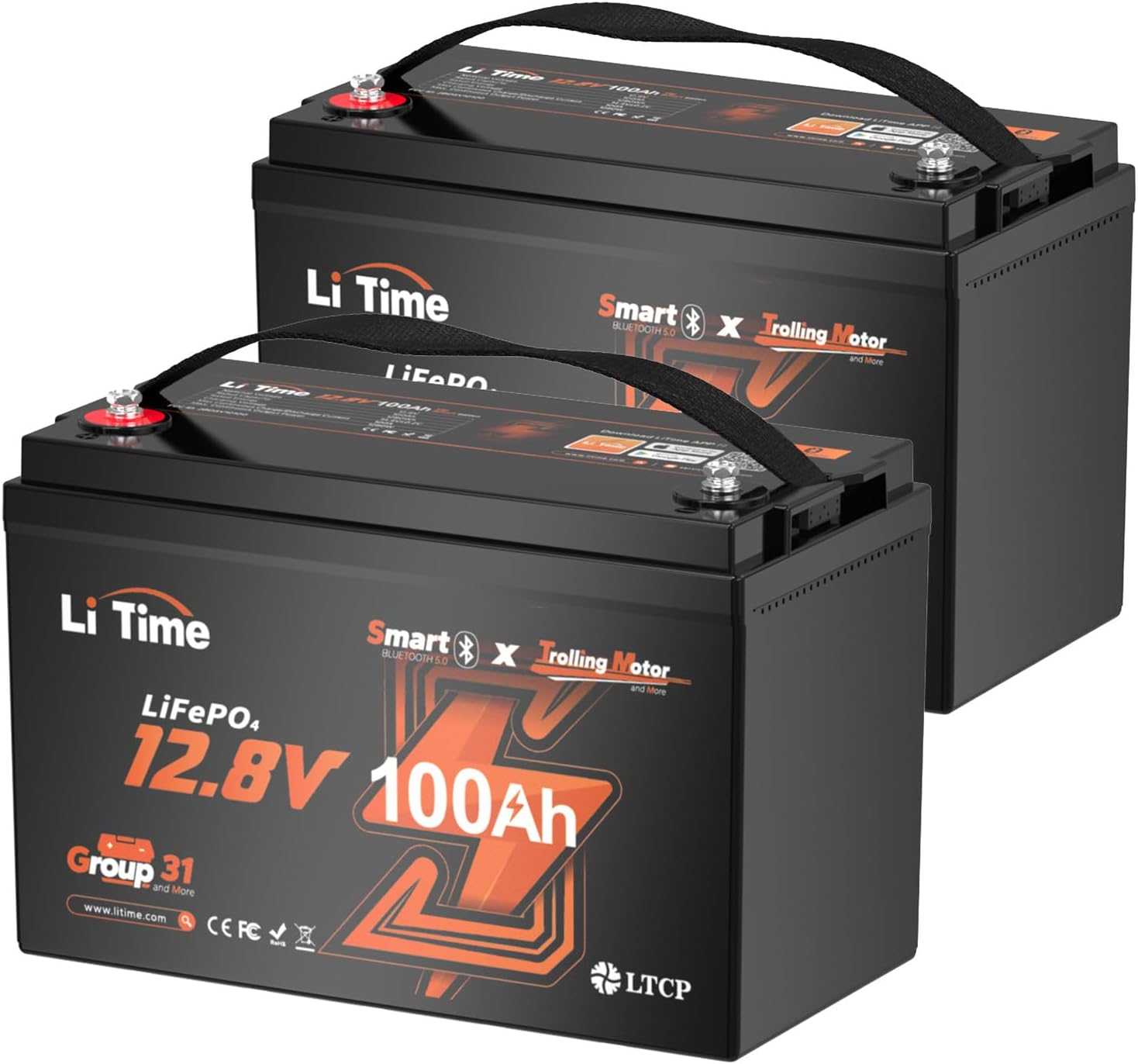 LiTime 2 Pack 12V 100Ah Trolling Motors Lithium Battery, Group 31 Bluetooth LiFe...