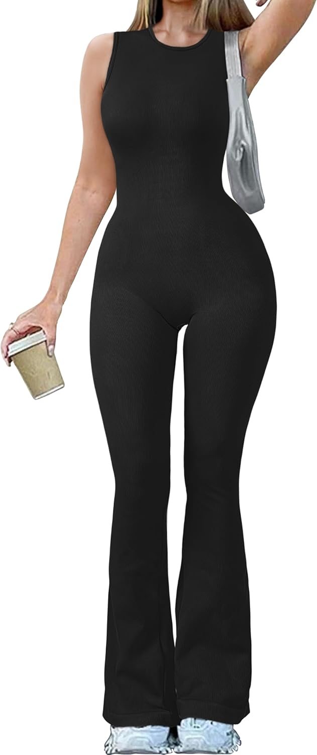 OQQ Women Yoga Jumpsuits Ribbed Crew Neck Sleeveless Bell Bottoms Flare Jumpsuit...