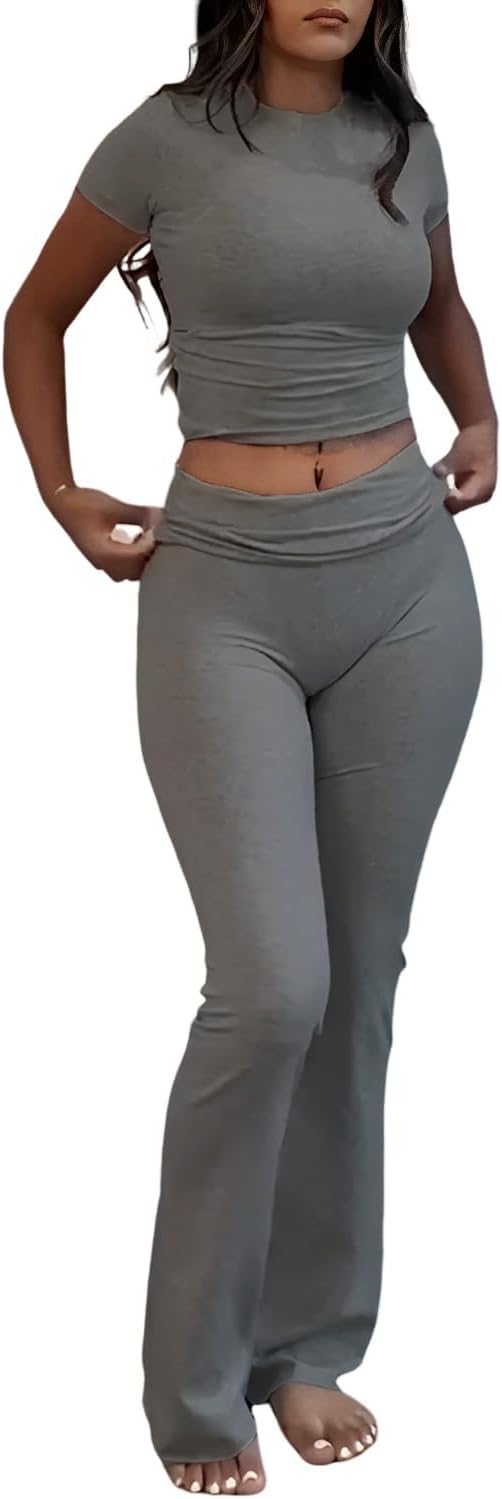 ZFLM Casual Workout Two Piece Outfits for Women Short Sleeve Crop High Waist Fol...