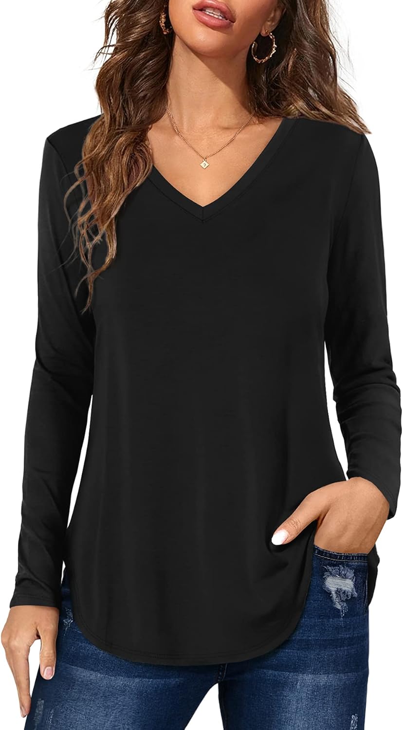 Florboom Womens Casual Loose Tops Tshirts Short/Long Sleeve V Neck Plain Longlin...