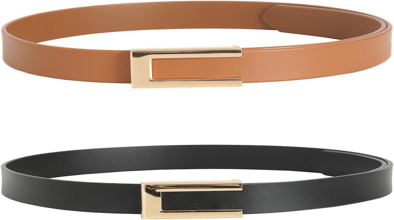 Womens Leather Belt Skinny Waist Belt for Dresses Jeans Pants with Gold Buckle M...
