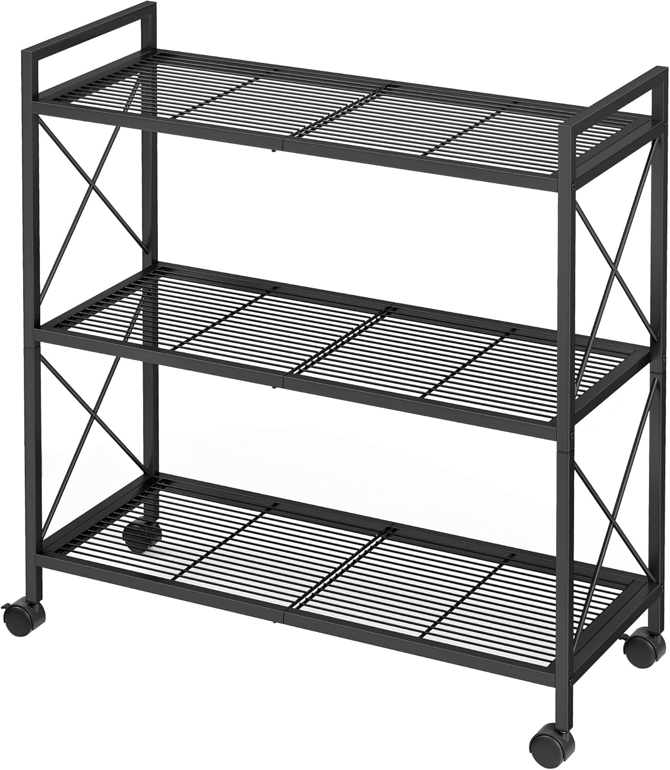 SONGMICS 3-Tier Metal Storage Rack with Wheels, Mesh Shelving Unit with X Side F...