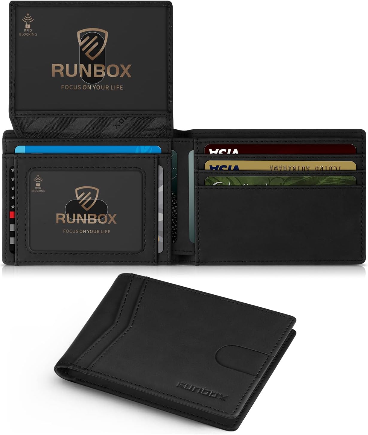 RUNBOX Wallet for Men Slim Rfid Leather 2 ID Window With Gift Box Bicolor Crazy...