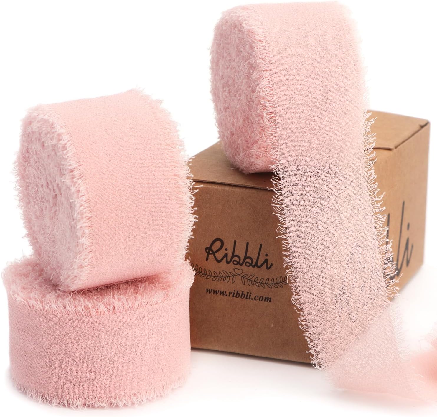 Ribbli Blush Pink Ribbon 1 Inch x 3 Rolls Total 24 Yards Pink Handmade Fringe Ch...